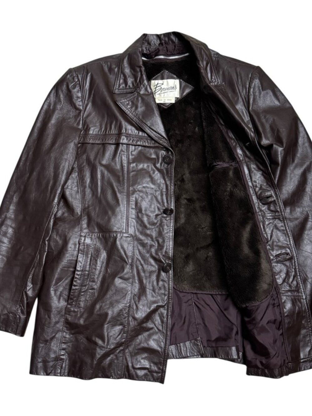 BERMANS Vintage Leather Coat Fur Lined Retro 80s Brown Leather Parka Mens Large